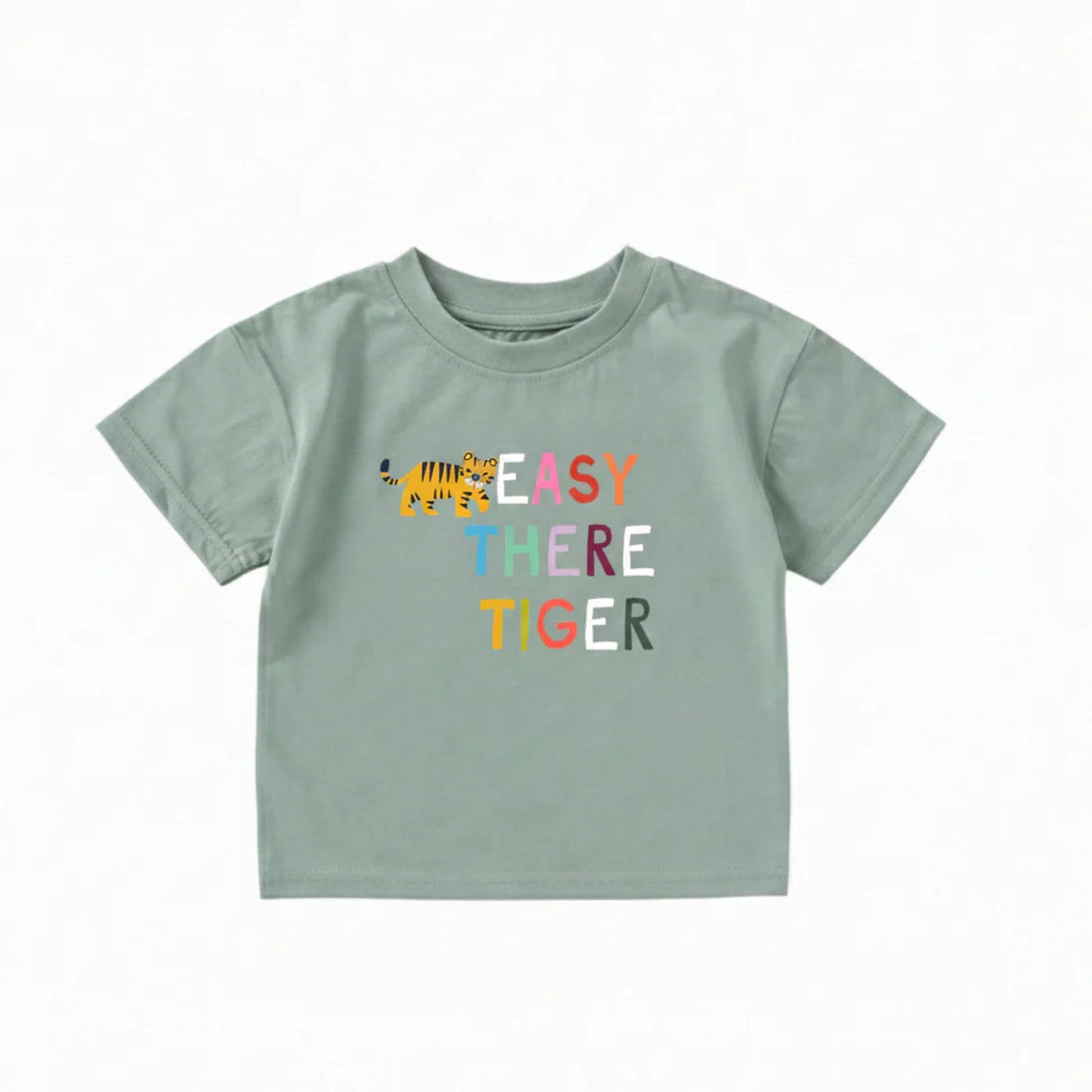 Children's t-shirt with 'Easy There Tiger' text and tiger graphic on a white background