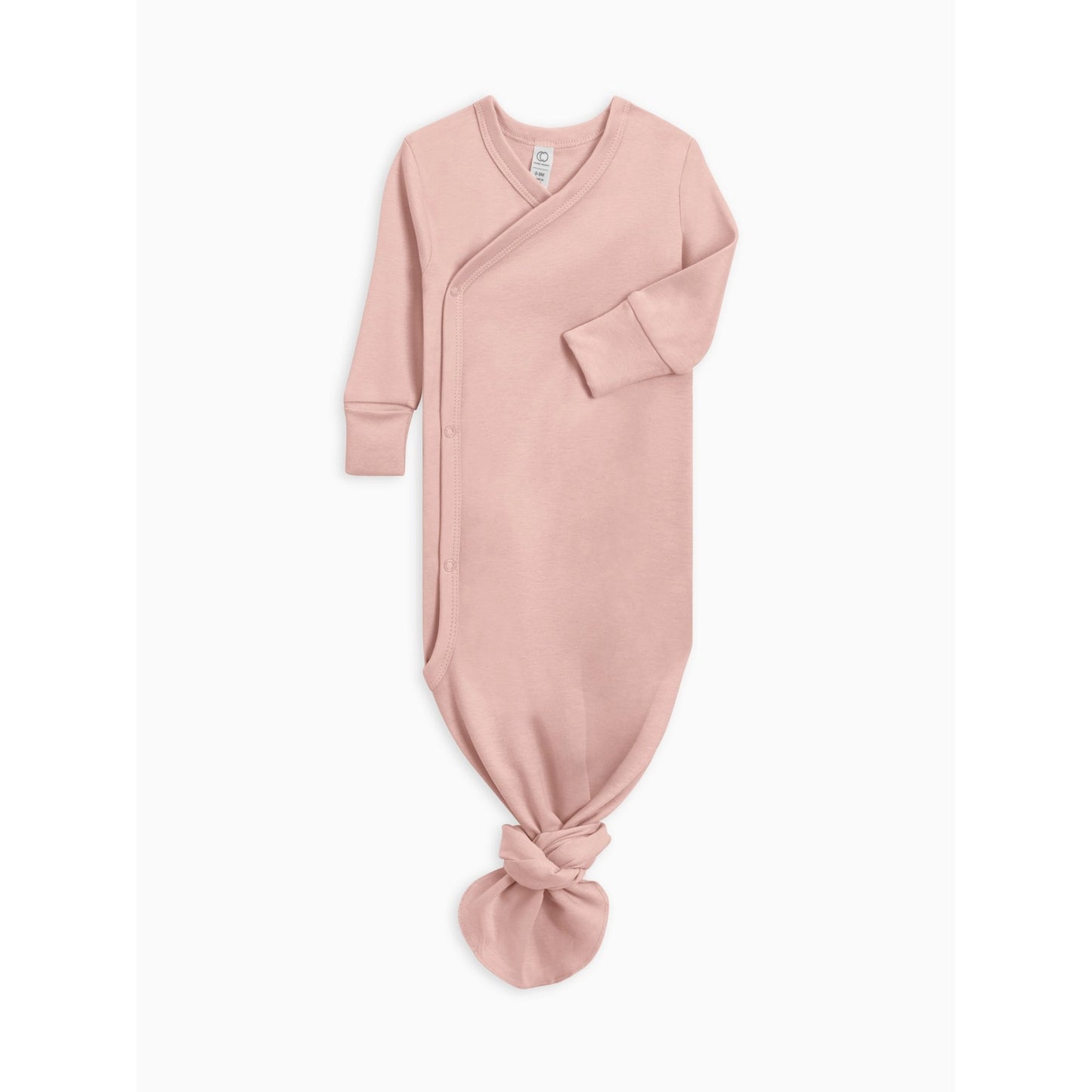 A dusty pink long-sleeve baby sleep sack with an asymmetrical wrap-style front and a knotted hem, shown flat against a light gray background.