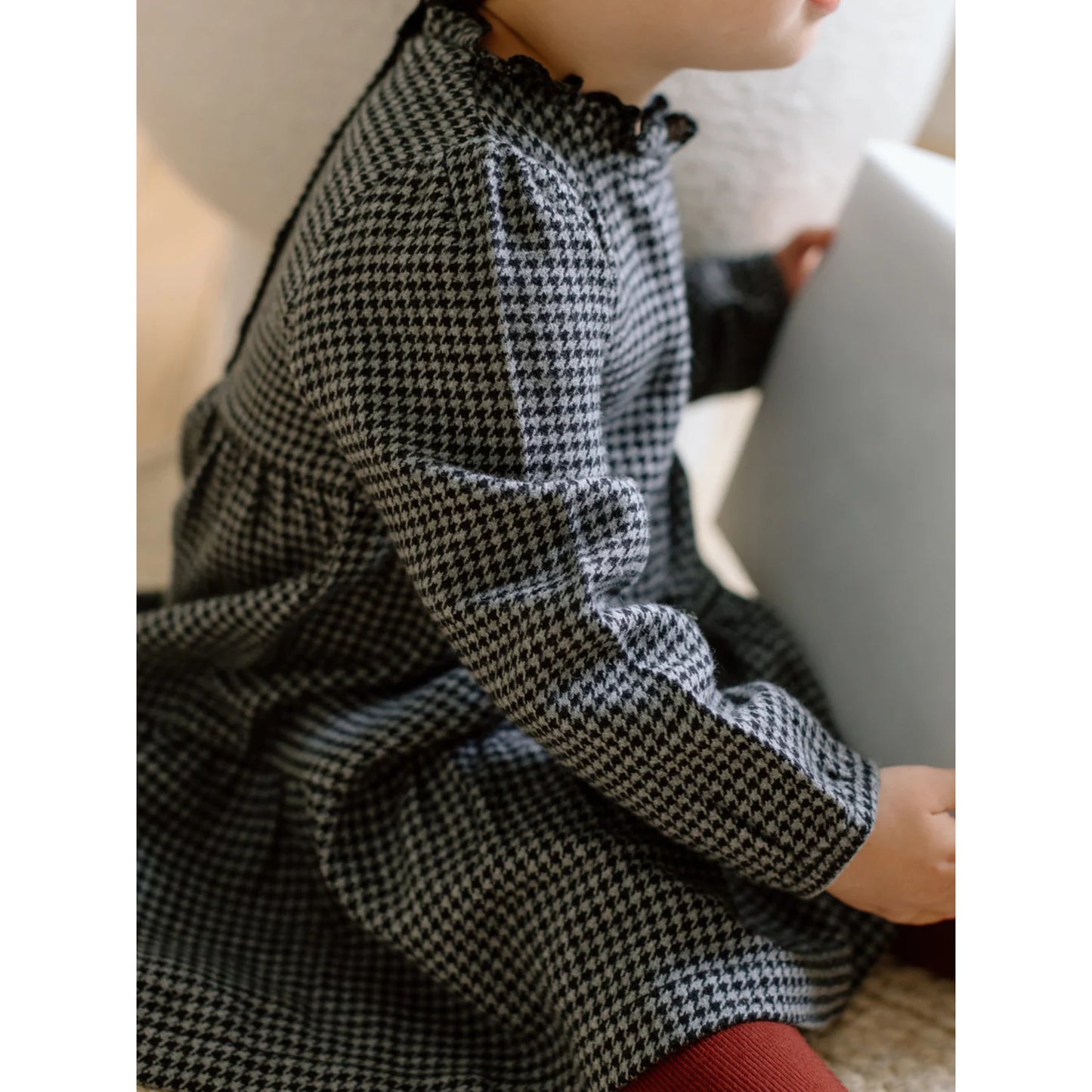 Neela Flannel Ruffle Neckline Dress | Houndstooth