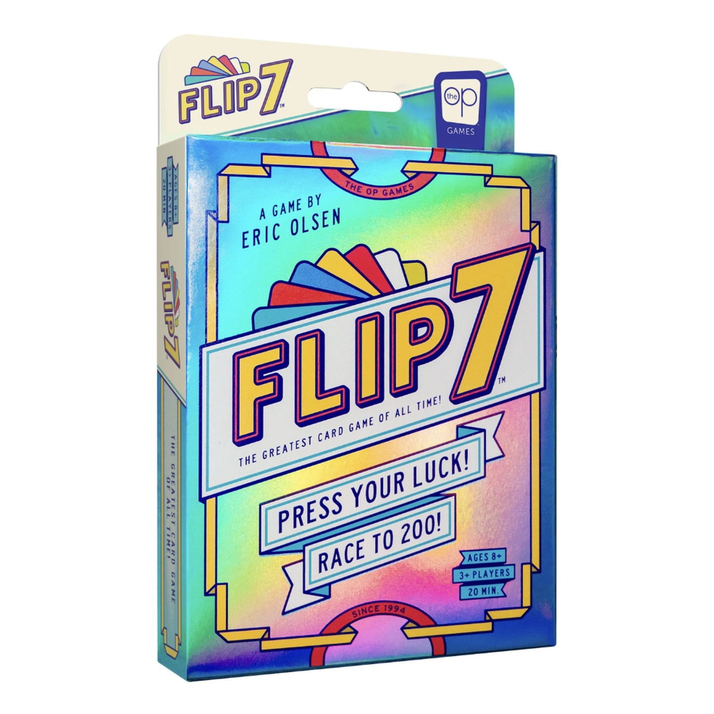 Flip 7 card game packaging with colorful design and text
