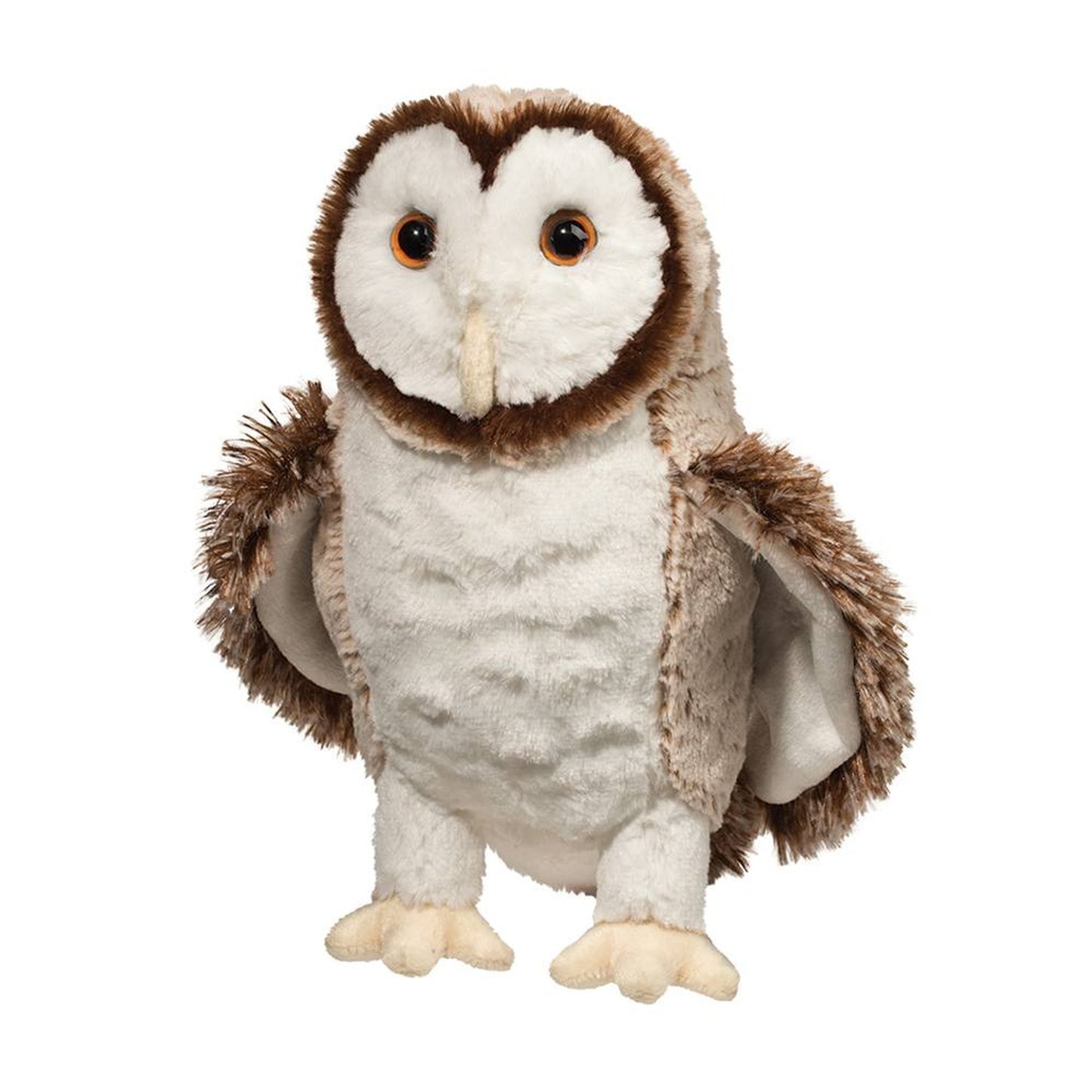 Plush owl toy with brown and white feathers on a white background