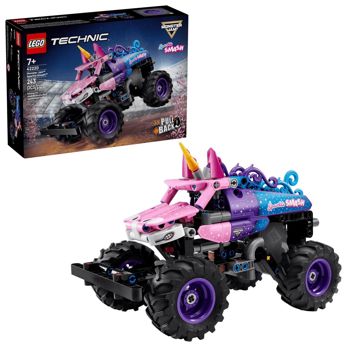 LEGO Technic monster truck set with pink and purple design, displayed in front of its packaging.