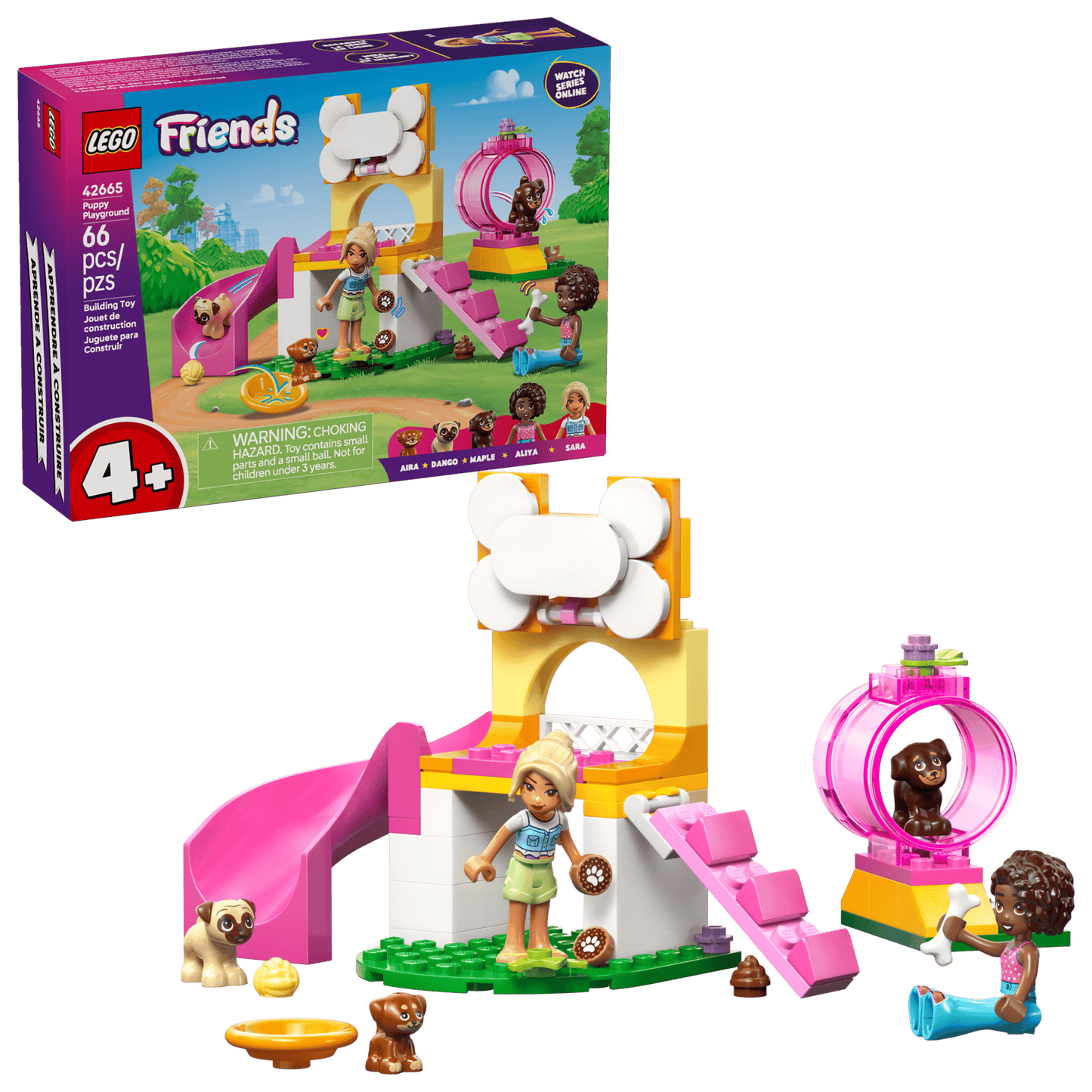 LEGO Friends set with packaging displaying characters and playset.
