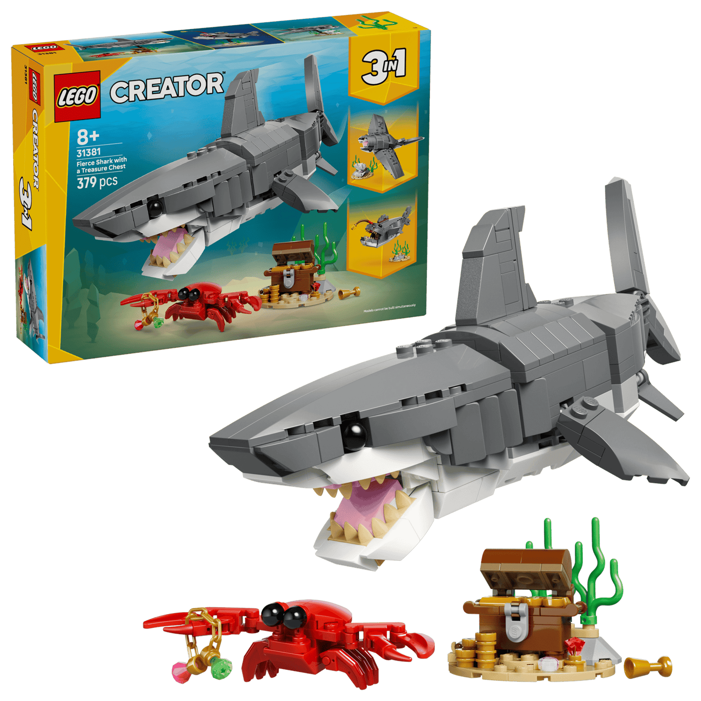 LEGO Creator shark set with packaging and additional pieces on a clear background