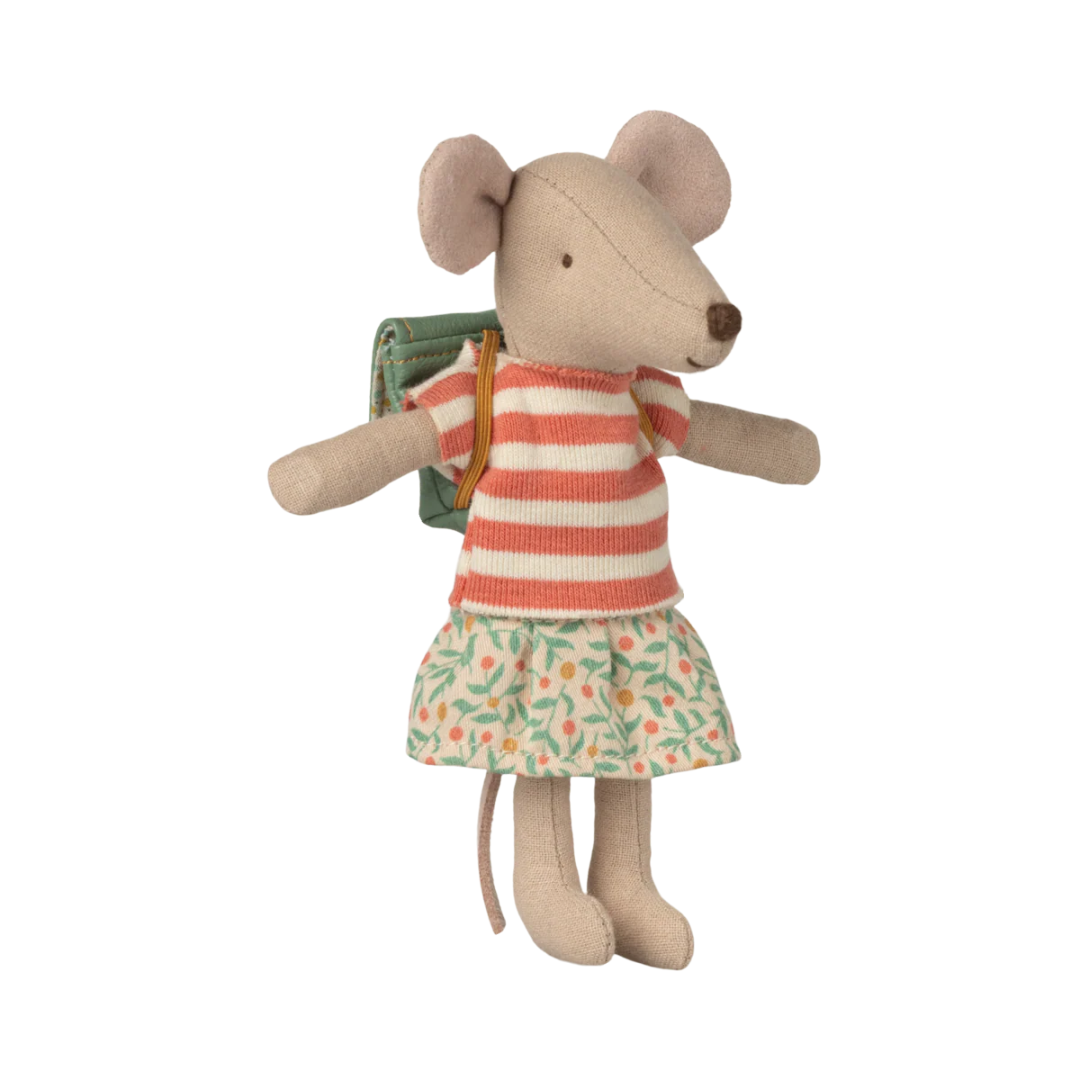 Stuffed mouse toy wearing a striped shirt and floral skirt on a white background