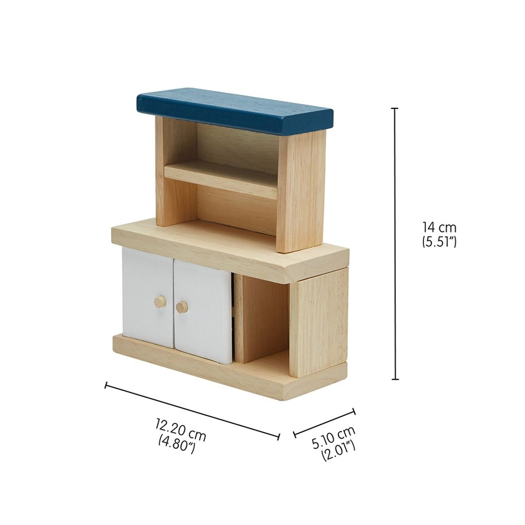 Wooden toy shelf with blue top and white doors, shown with dimensions on a white background