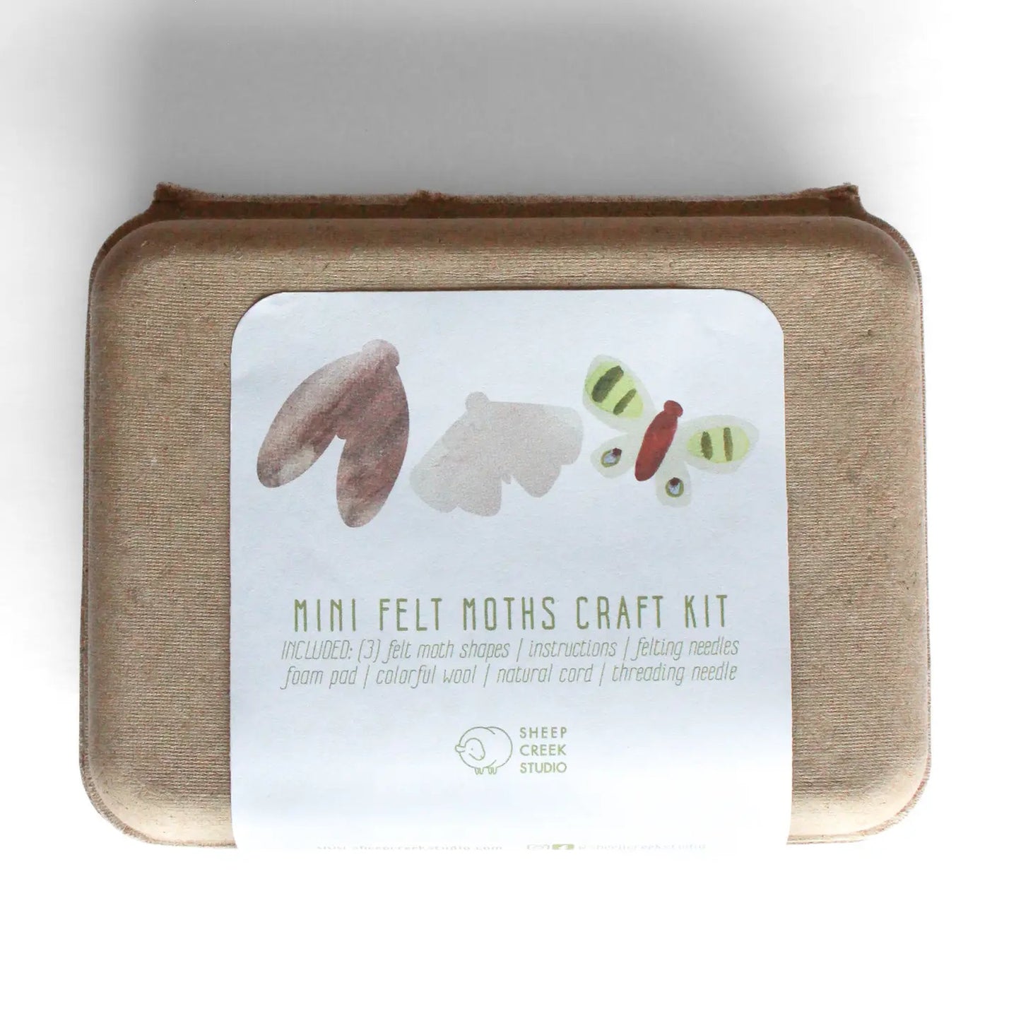 Mini felt moths craft kit packaging with illustrations on a white background