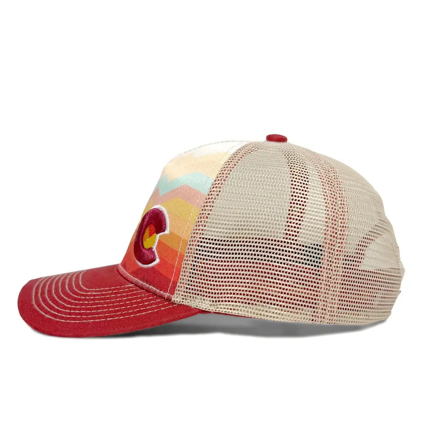 Trucker hat with a colorful logo on a white background
