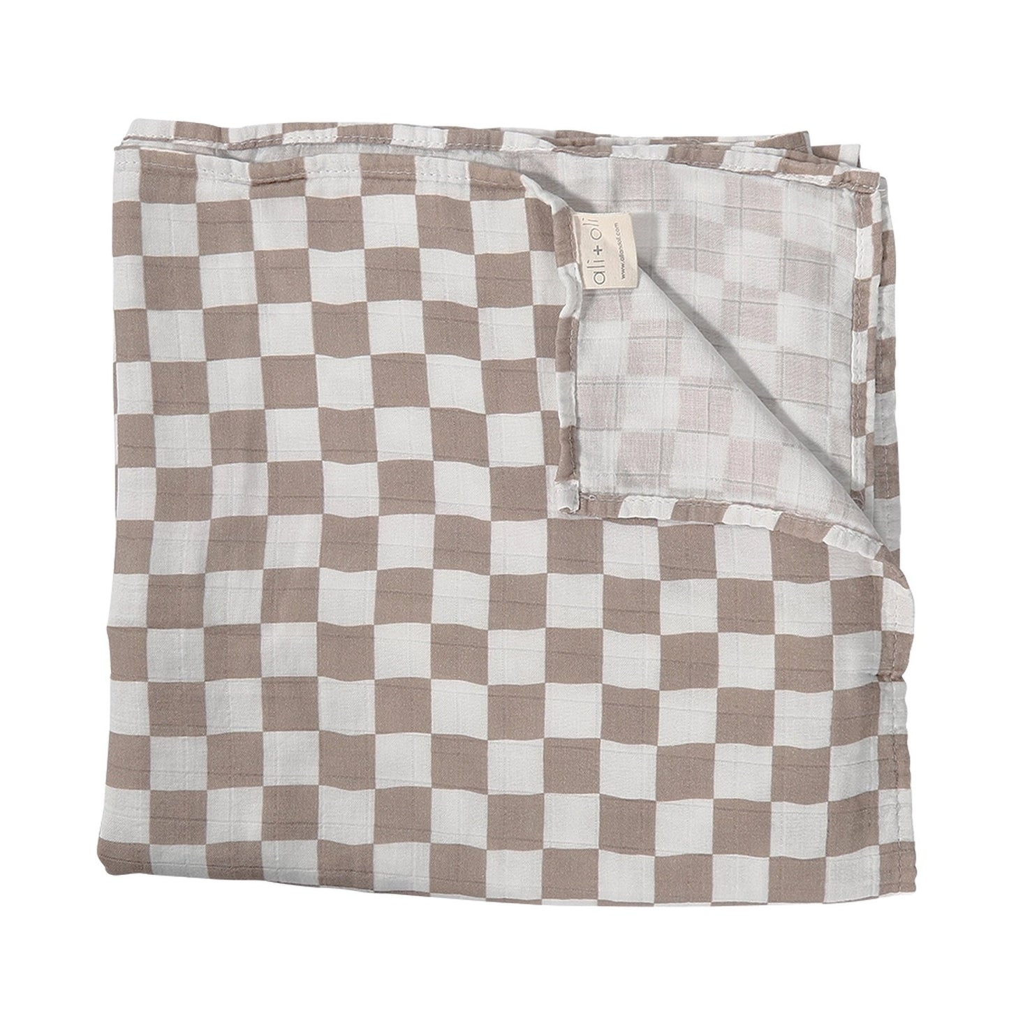 Checkered fabric with a visible brand tag on a white background