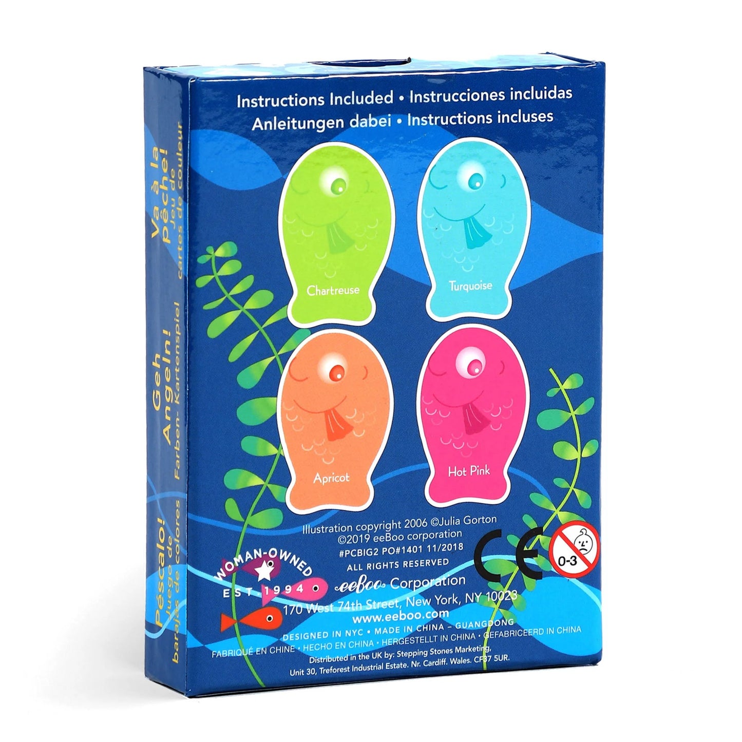 Box of colorful fish-shaped toys with a blue background