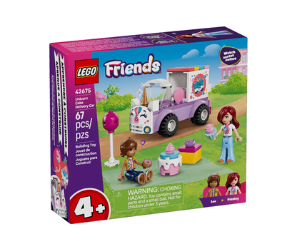 LEGO Friends building toy set box for the Ice Cream Car (42675), featuring a purple and white ice cream truck with a character figure, shown on a clean white background.