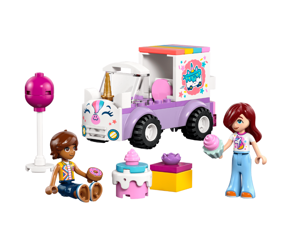 A LEGO Friends ice cream truck building set with two minifigures, shown on a clean white background. The set includes a purple and white truck with a rainbow-colored top, a pink lollipop stand, a seated minifigure holding a donut, a standing minifigure holding a cupcake, and small dessert and gift boxes.