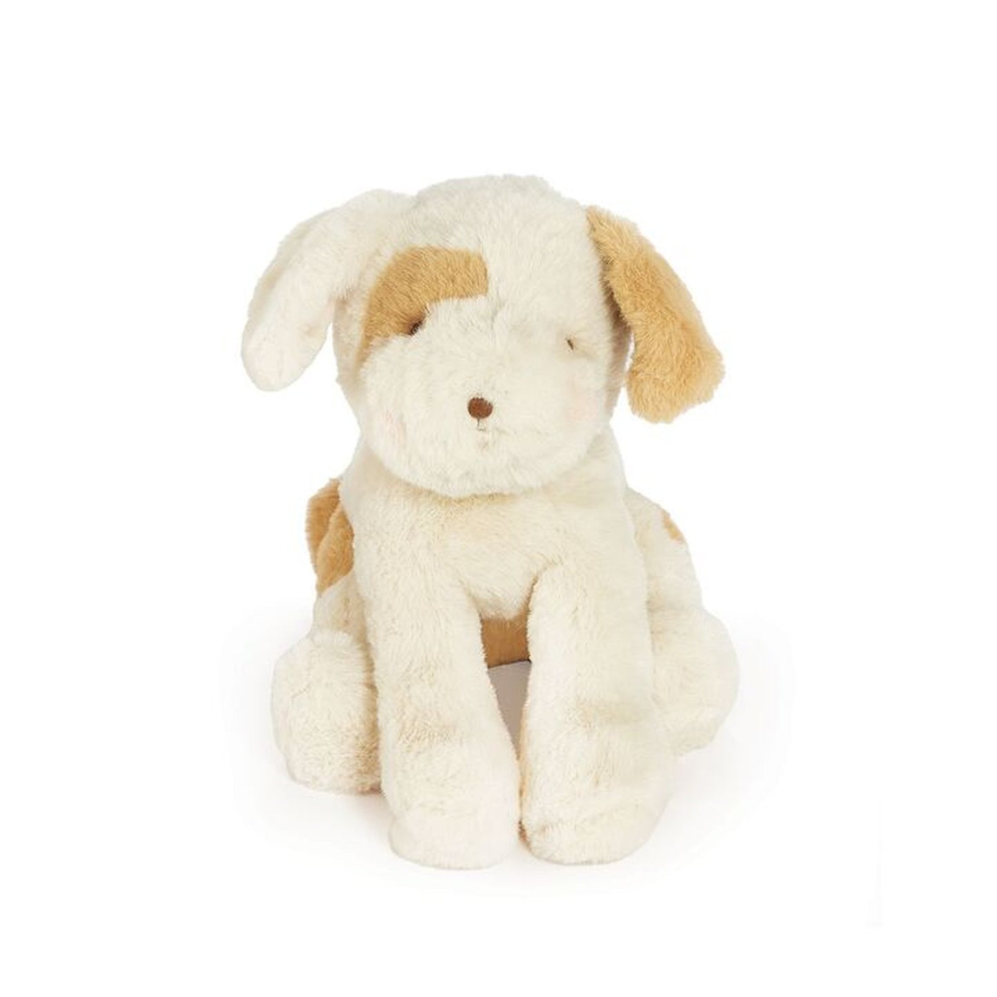 Stuffed dog toy with beige and brown coloring on a white background