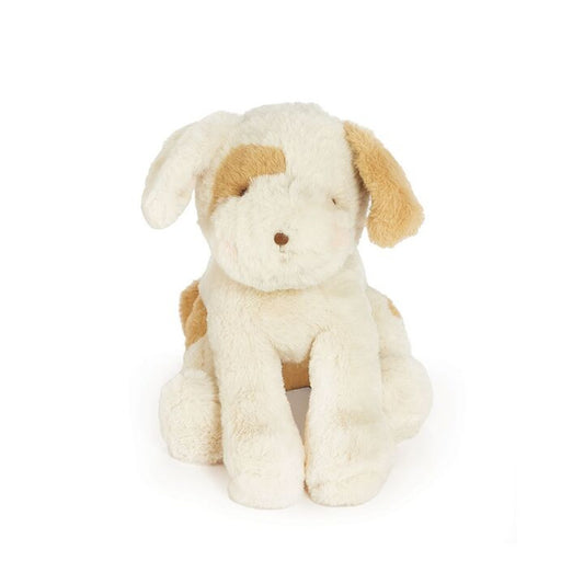 Stuffed dog toy with beige and brown coloring on a white background