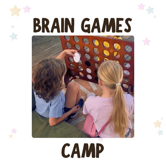Two children playing with a large connect-four-like game at camp, with 'Brain Games Camp' text overlay.