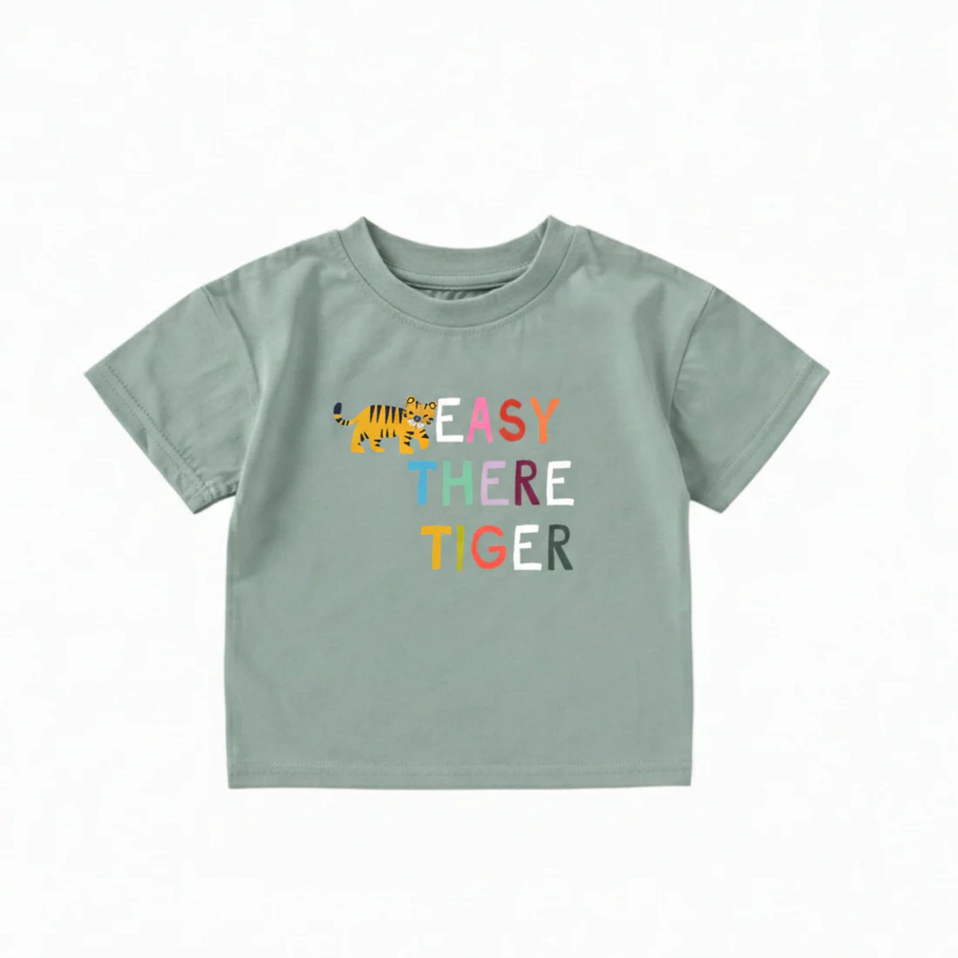 Children's t-shirt with 'Easy There Tiger' text and tiger graphic on a white background