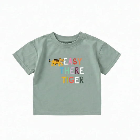 Children's t-shirt with 'Easy There Tiger' text and tiger graphic on a white background