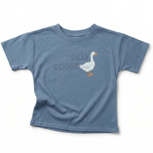 Blue t-shirt with a goose graphic and 'Silly Goose' text on a white background