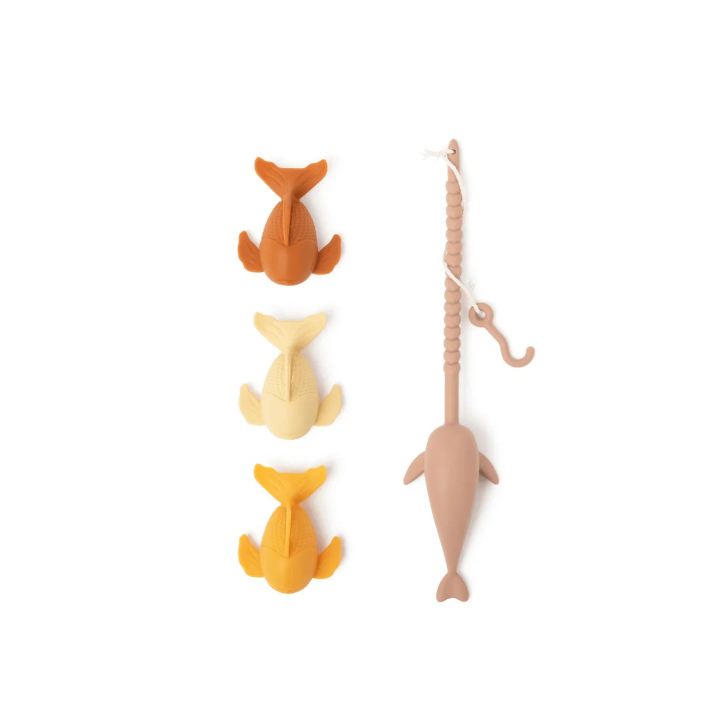 Set of four fish-shaped toys with a rope on a white background