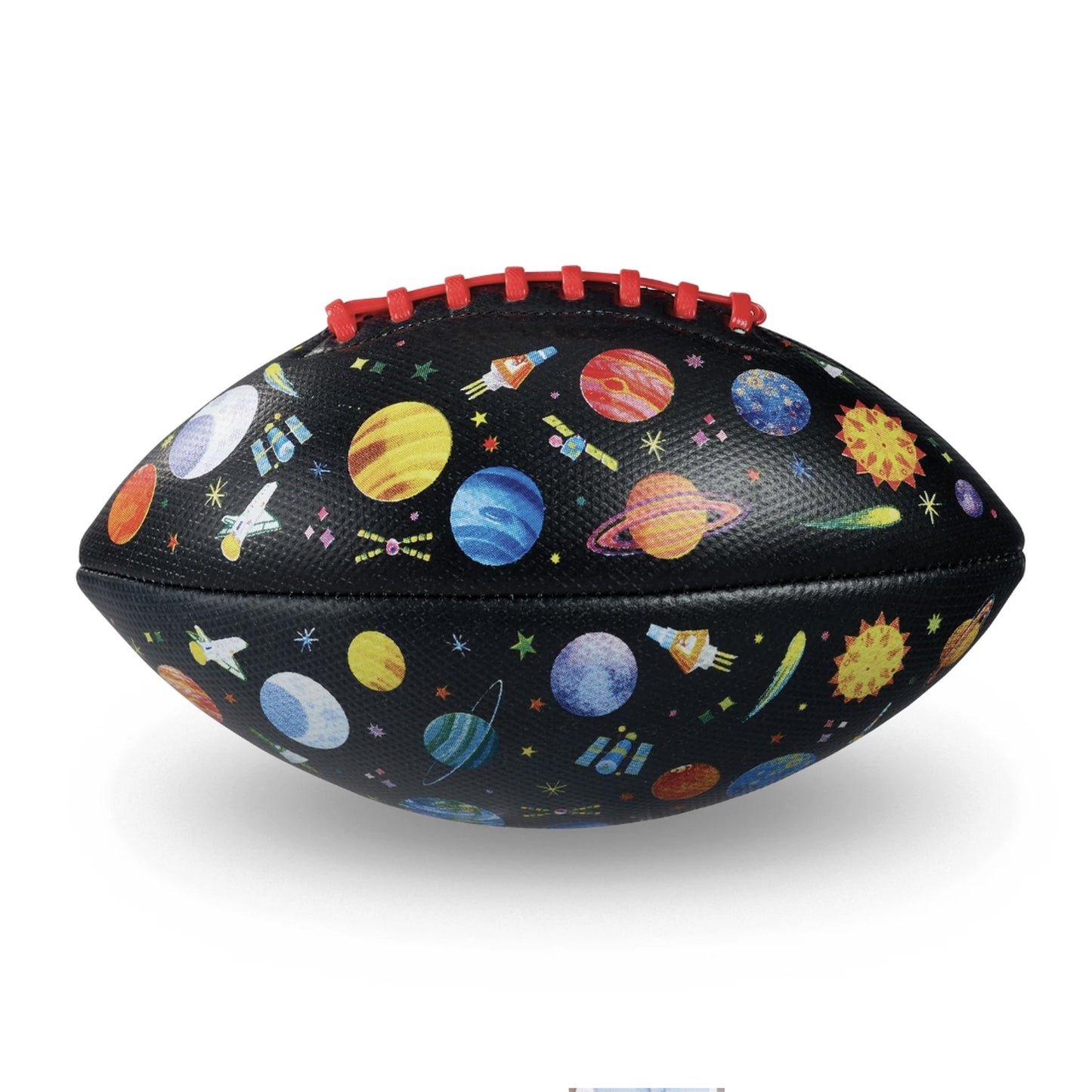 Black football with space-themed design on a white background