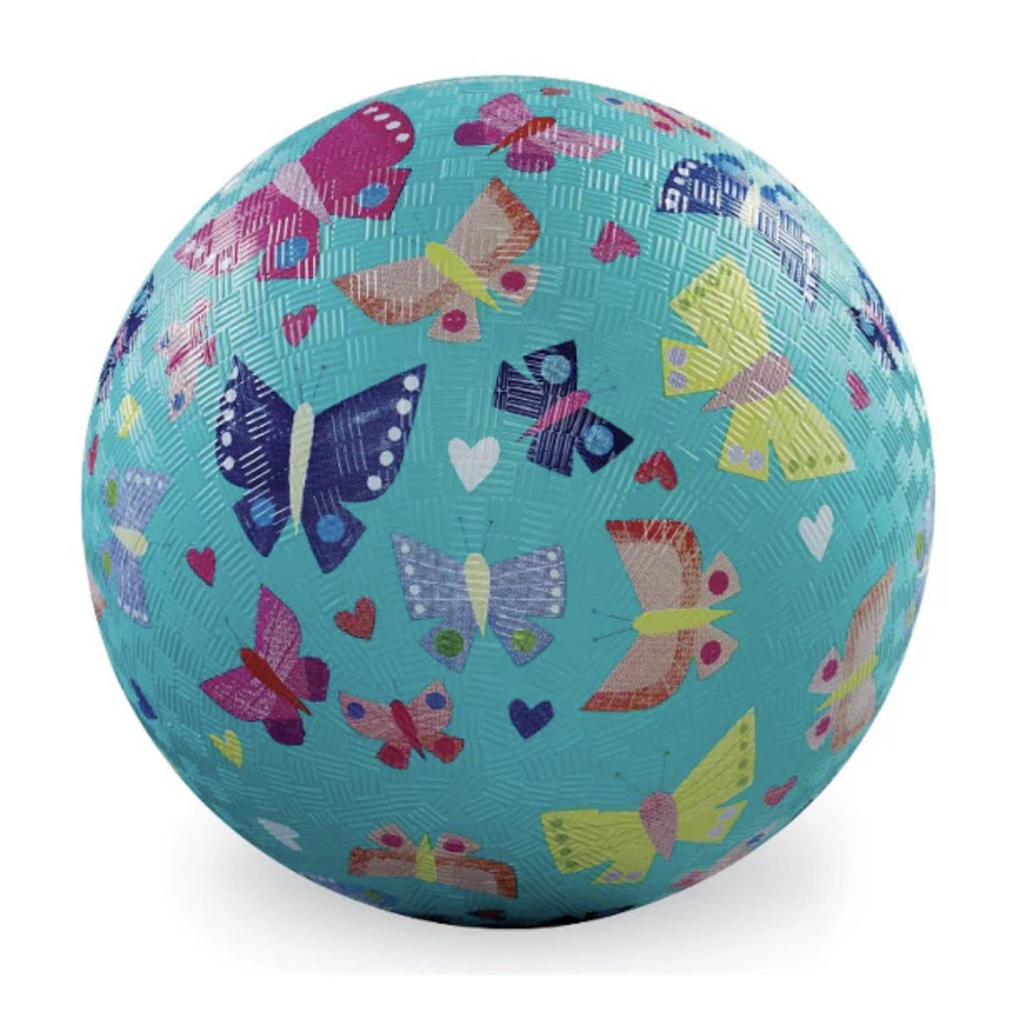 Turquoise ball with colorful butterfly patterns on a white background