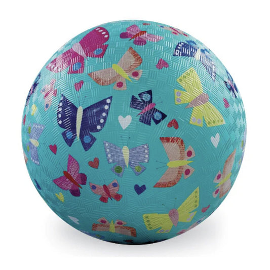 Turquoise ball with colorful butterfly patterns on a white background