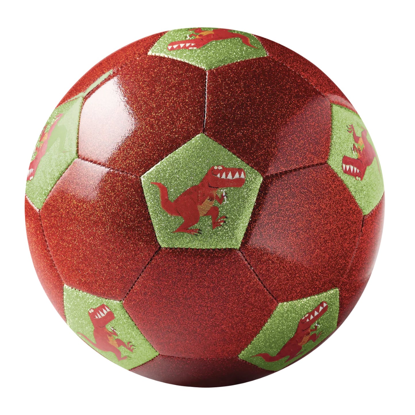 Red and green soccer ball with dinosaur patterns on a white background