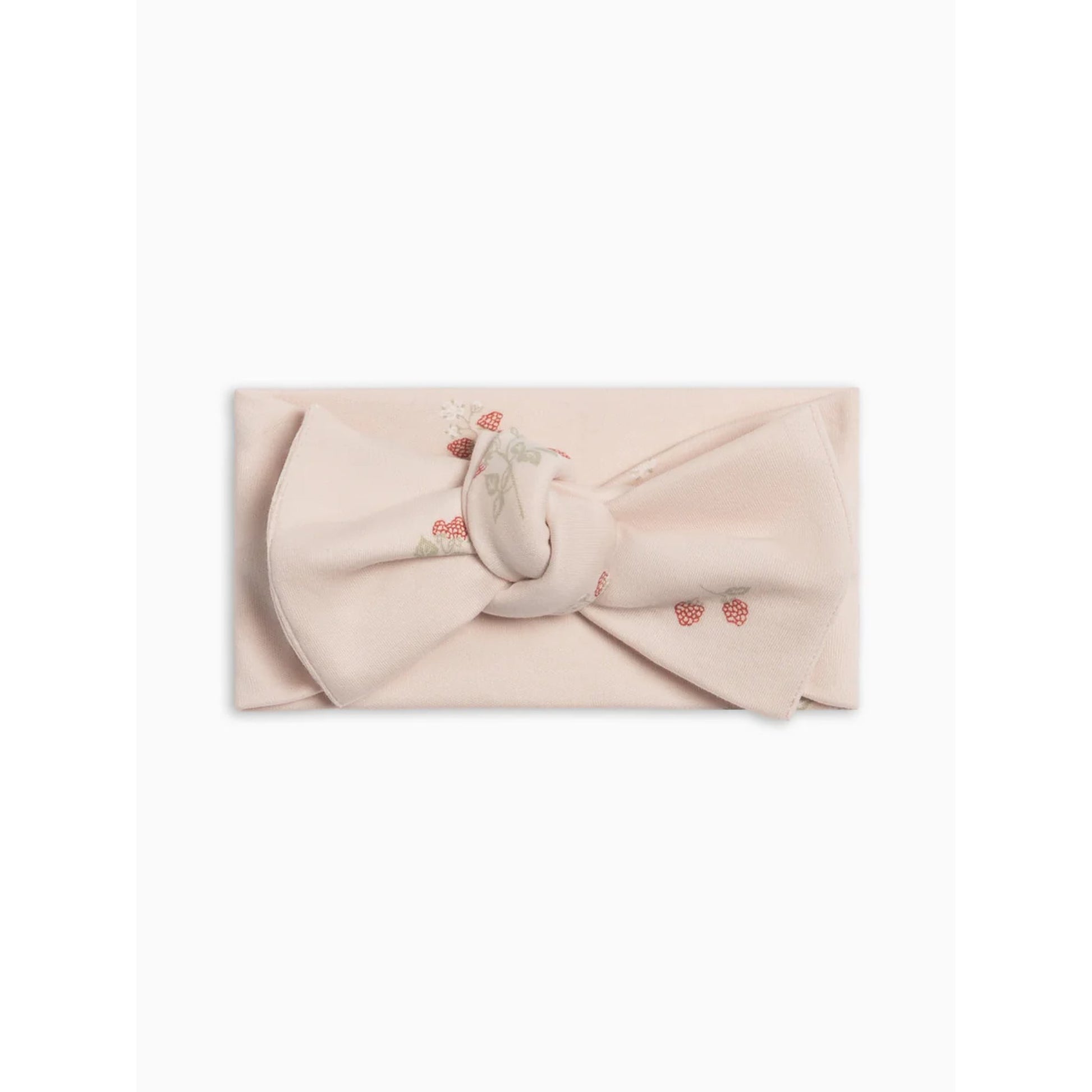 Beige headband with bow and raspberry designs on a white background