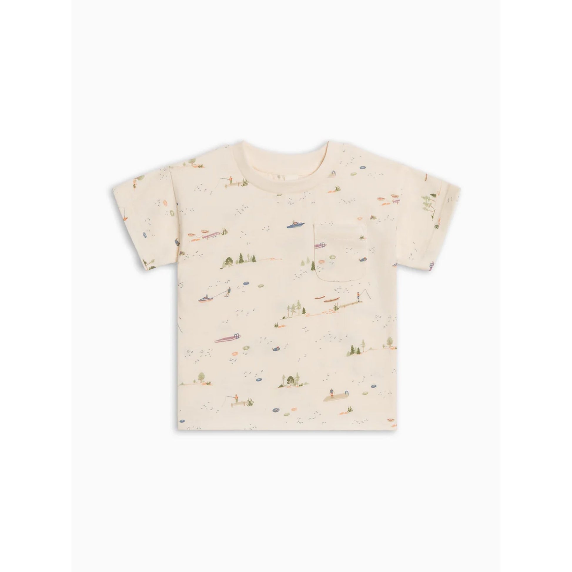 Beige t-shirt with nature-themed print on a white background