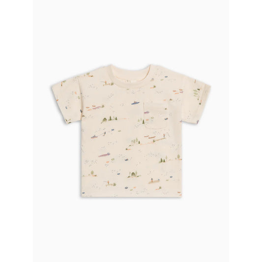 Beige t-shirt with nature-themed print on a white background