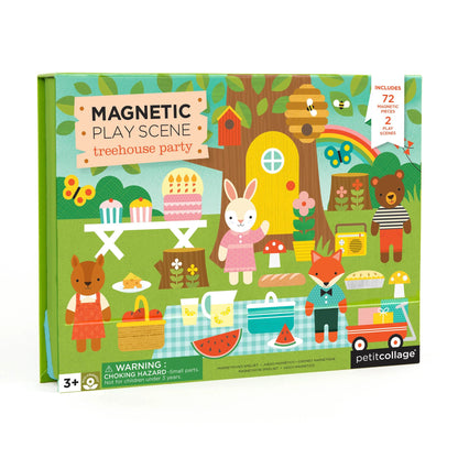Box of Petit Collage magnetic play scene with treehouse party design