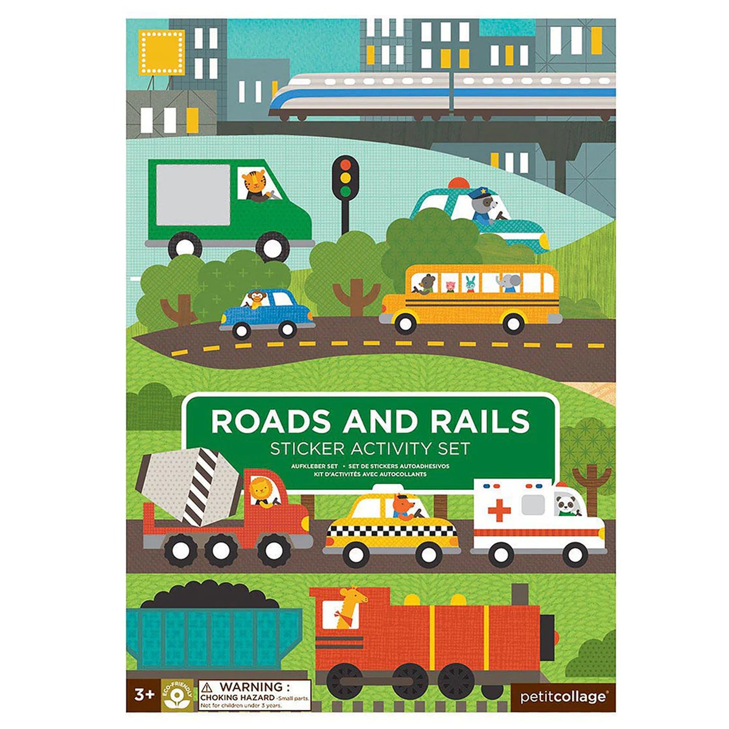 Sticker activity set cover with vehicles and infrastructure illustration, featuring 'Roads and Rails' text.