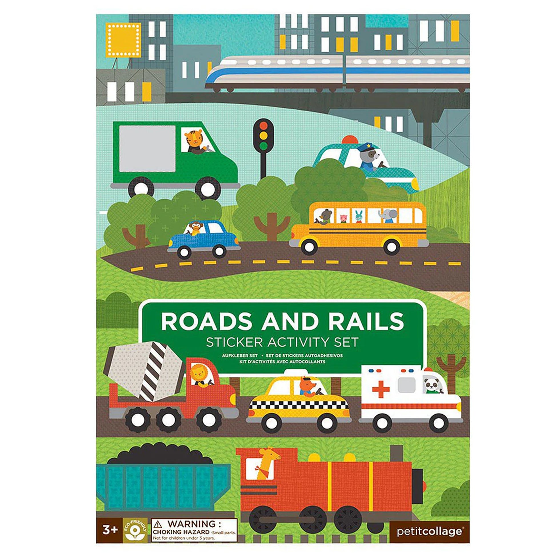 Sticker activity set cover with vehicles and infrastructure illustration, featuring 'Roads and Rails' text.
