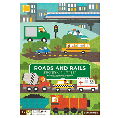 Sticker activity set cover with vehicles and infrastructure illustration, featuring 'Roads and Rails' text.