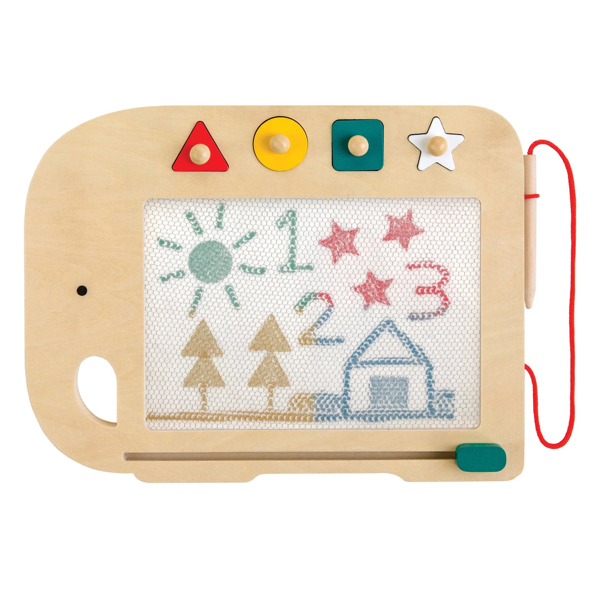 Wooden toy with a whiteboard and colorful buttons on a white background