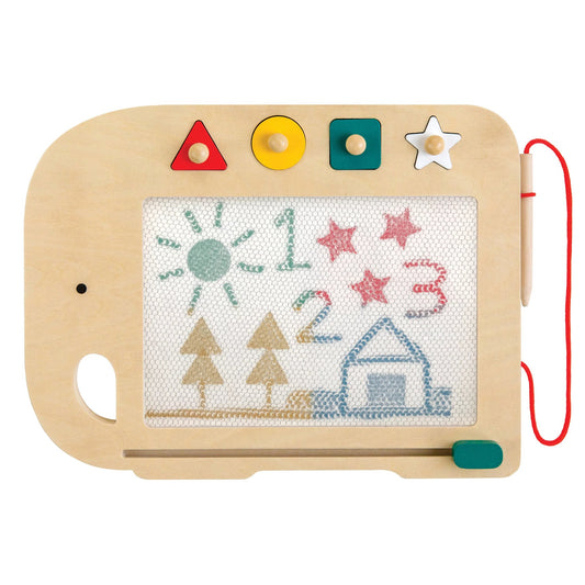 Wooden toy with a whiteboard and colorful buttons on a white background