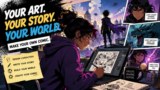 Person working on a comic book with text 'Your Art. Your Story. Your World.' and various comic book panels displayed.