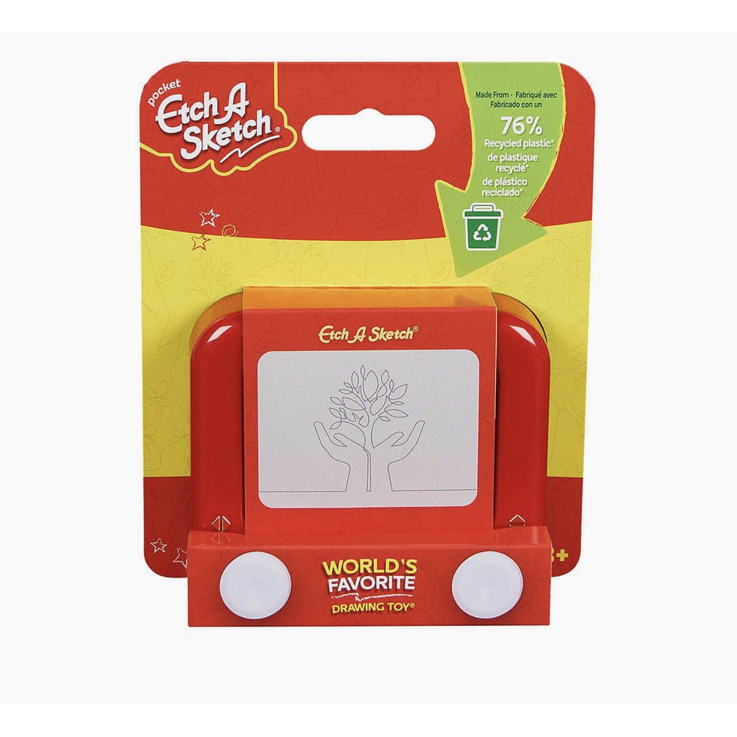 Etch A Sketch toy in its packaging with visible branding and recycling information.