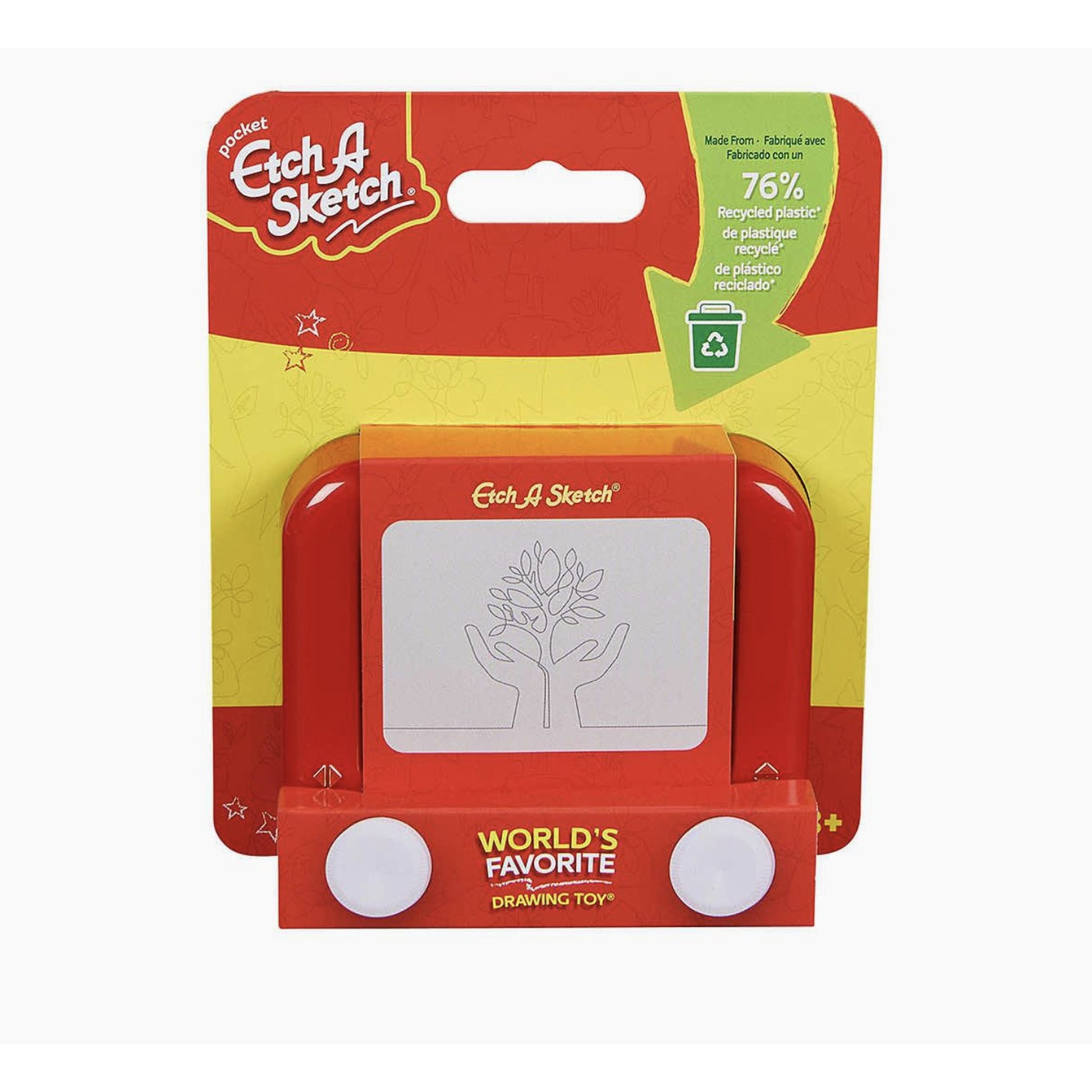 Etch A Sketch toy in its packaging with visible branding and recycling information.