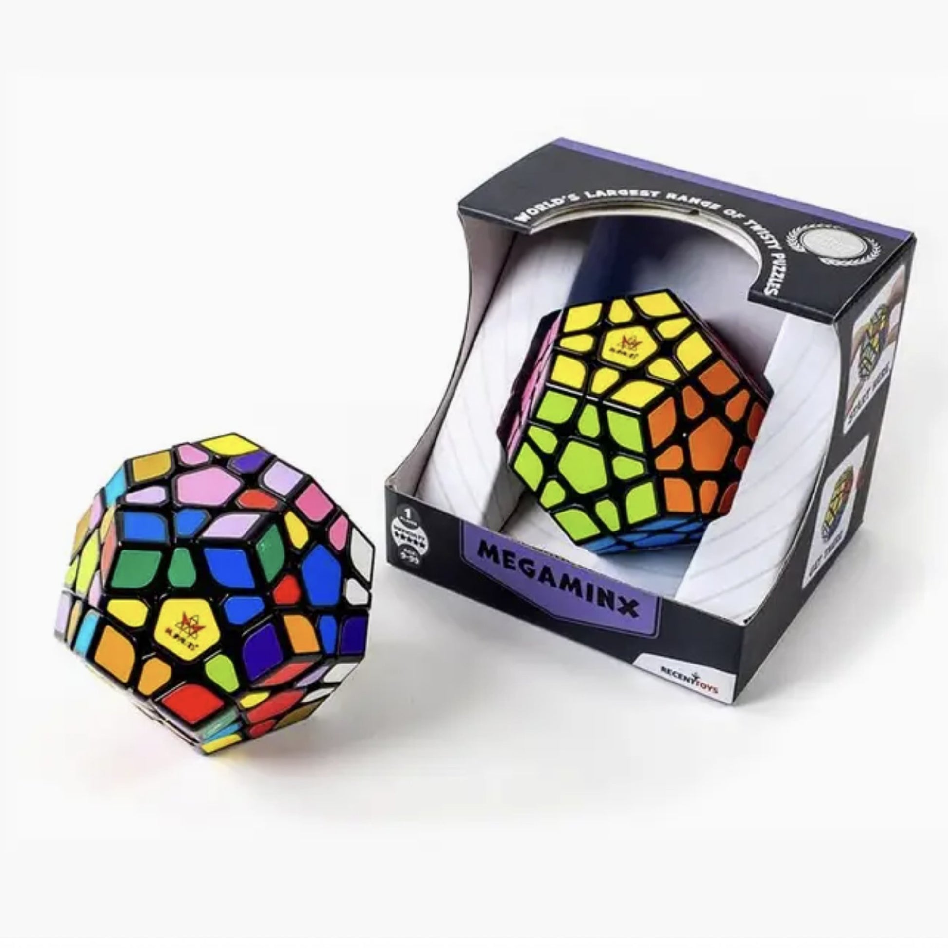 Colorful Megaminx puzzle cube with packaging on a white background
