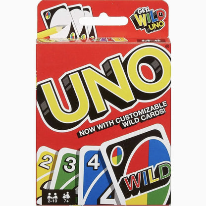 UNO card game packaging with customizable wild cards on a white background
