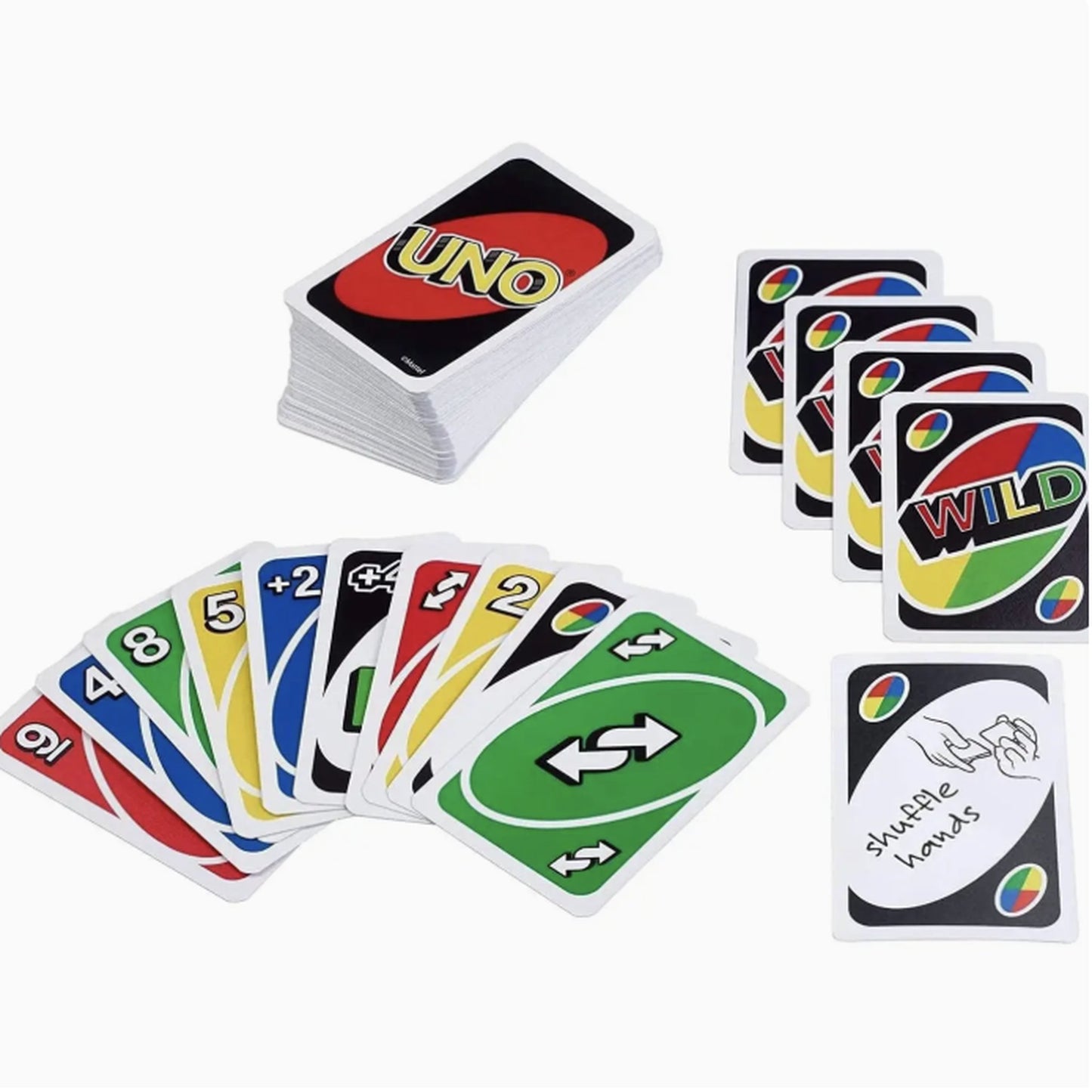 Uno card game with various cards displayed on a white background