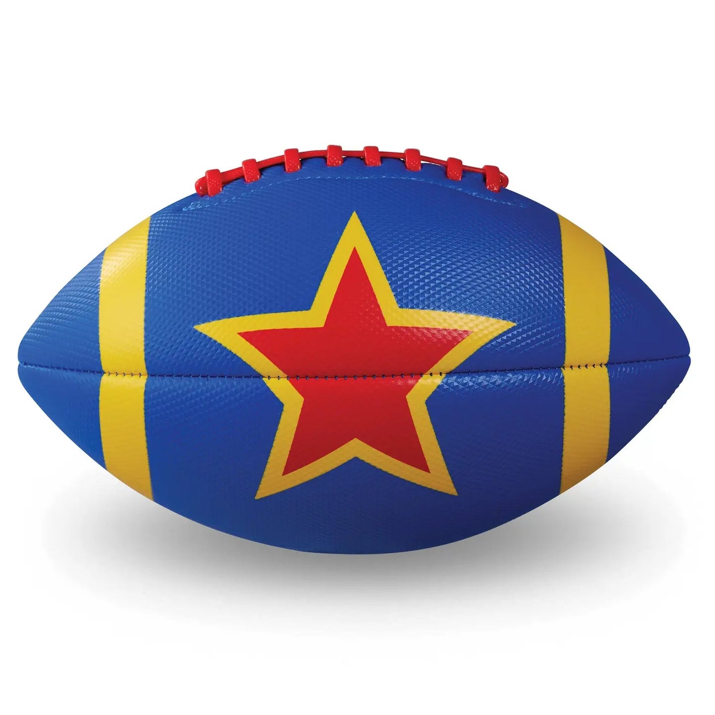 Blue football with a red star and yellow stripes on a white background