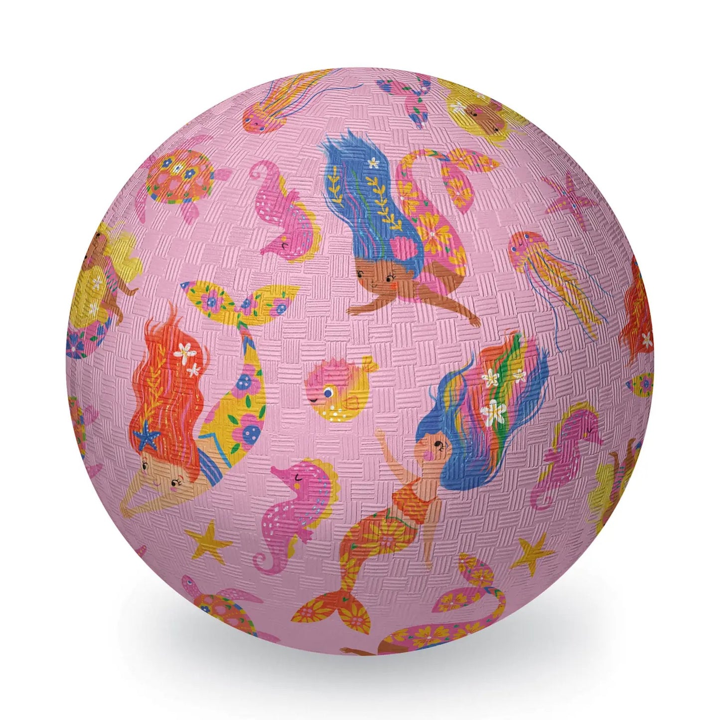 Pink ball with mermaid and seahorse pattern on a white background
