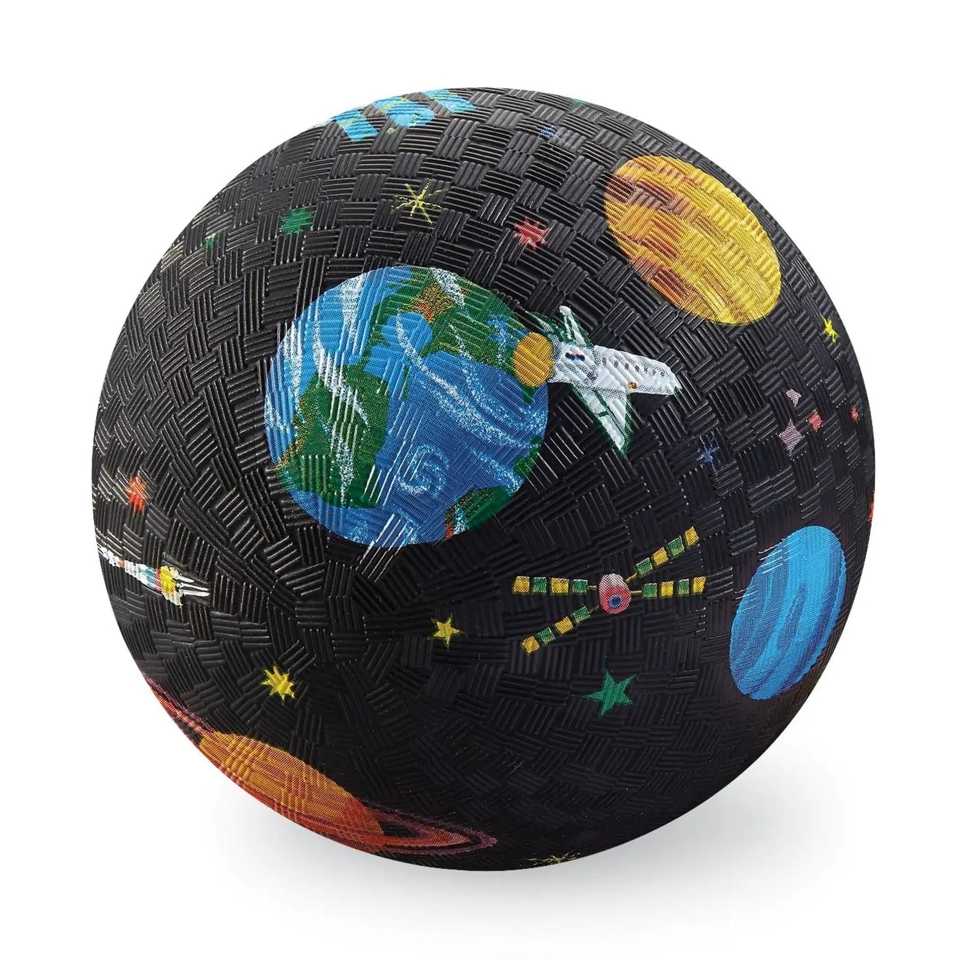 Space-themed ball with planets, stars, and spacecraft on a white background