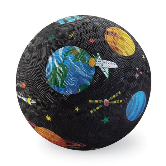 Space-themed ball with planets, stars, and spacecraft on a white background