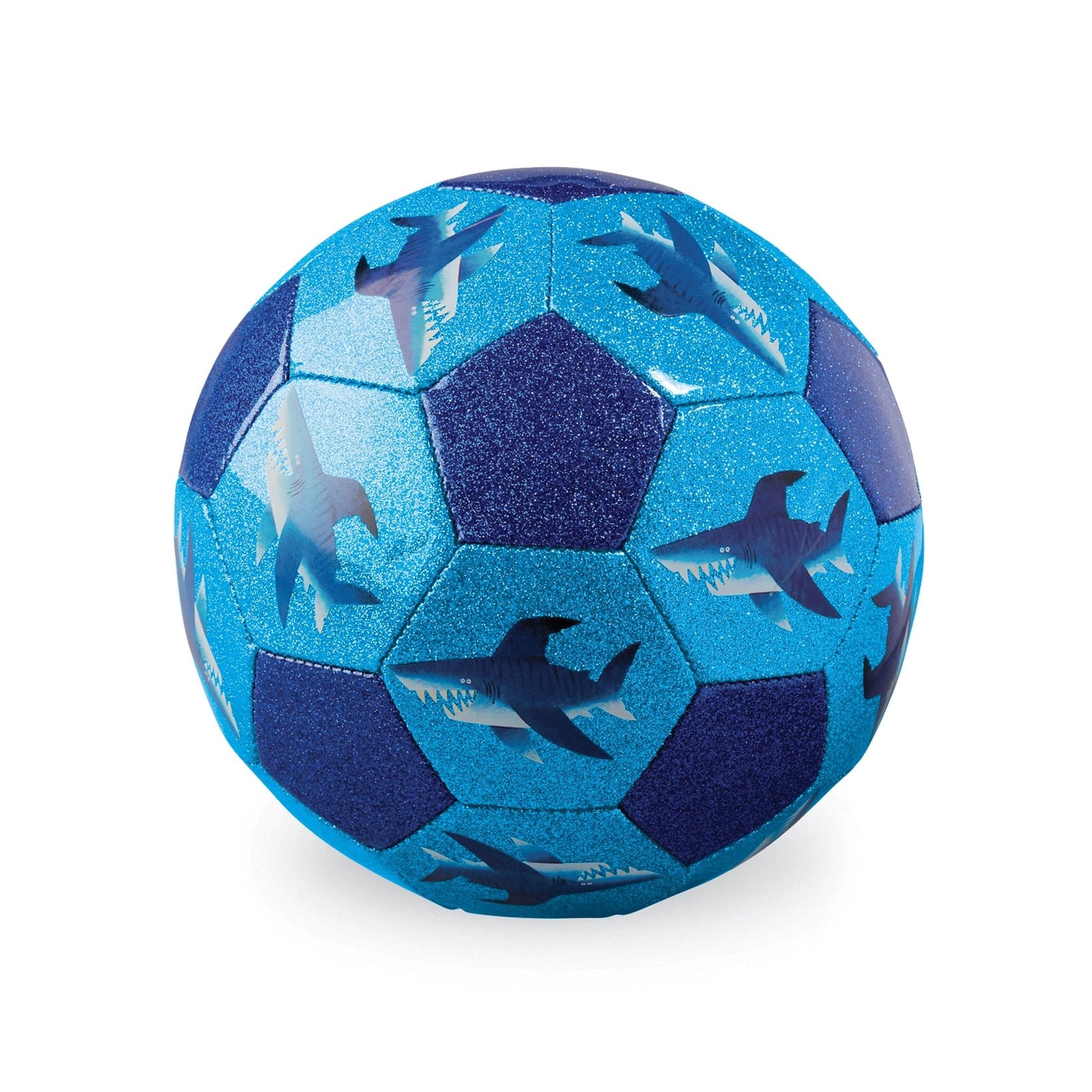A blue soccer ball with dark blue shark patterns and glittery panels, shown on a clean white background.