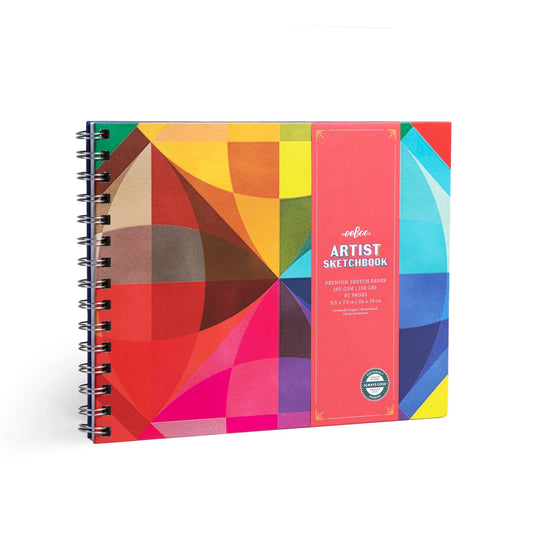 Colorful geometric-patterned sketchbook with 'Artist Sketchbook' text on a white background
