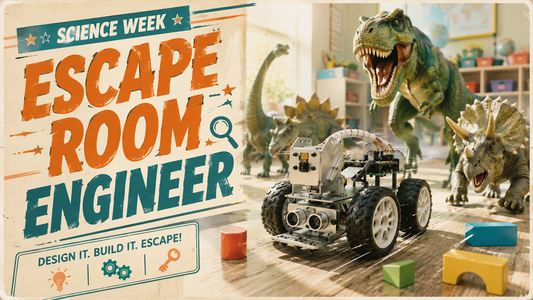 Children's toy set with dinosaurs and a robot, featuring 'Science Week Escape Room Engineer' sign.