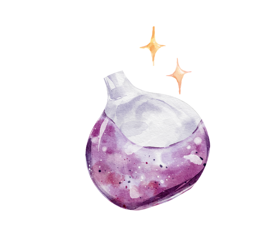 Watercolor illustration of a small glass bottle or vial filled with purple and pink galaxy-patterned liquid, with two small gold sparkles above, on a plain white background.